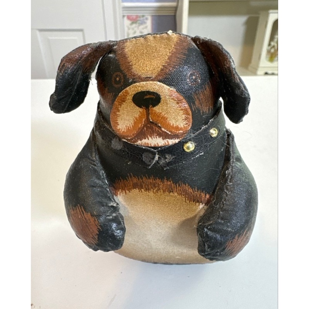 Vintage Oilcloth stuffed Dog‎ Figurine Black Tan Studded Collar